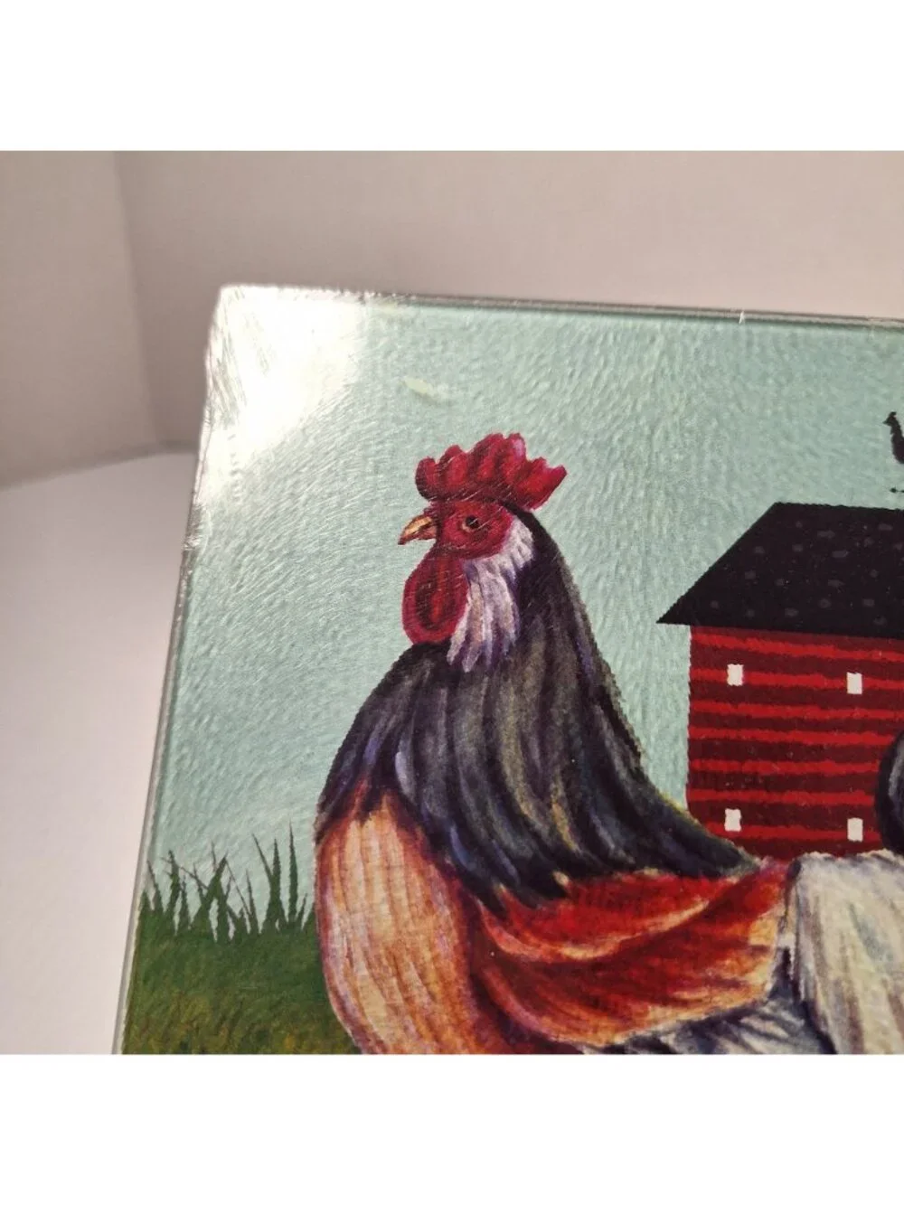 SQUARE TEMPERED TEXTURED GLASS CUTTING BOARD ROOSTER BARN NON-SLIP SILICONE FEET